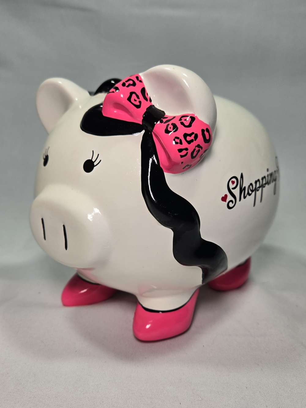 Large Piggy Bank Shopping Fund Pink and Black Trim Ceramic Gift